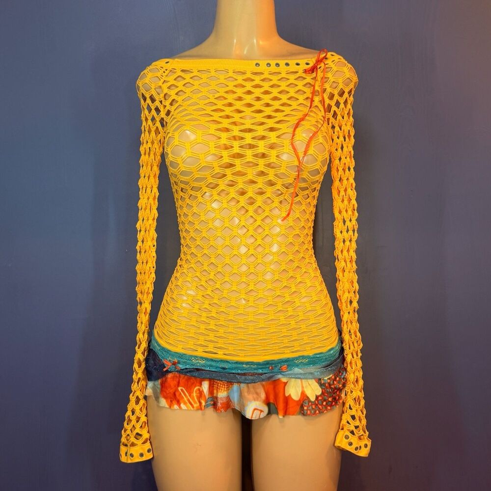 Ooak Mini Dress Yellow Fishnet Mesh Long Sleeve Grommet Ruffle Hem